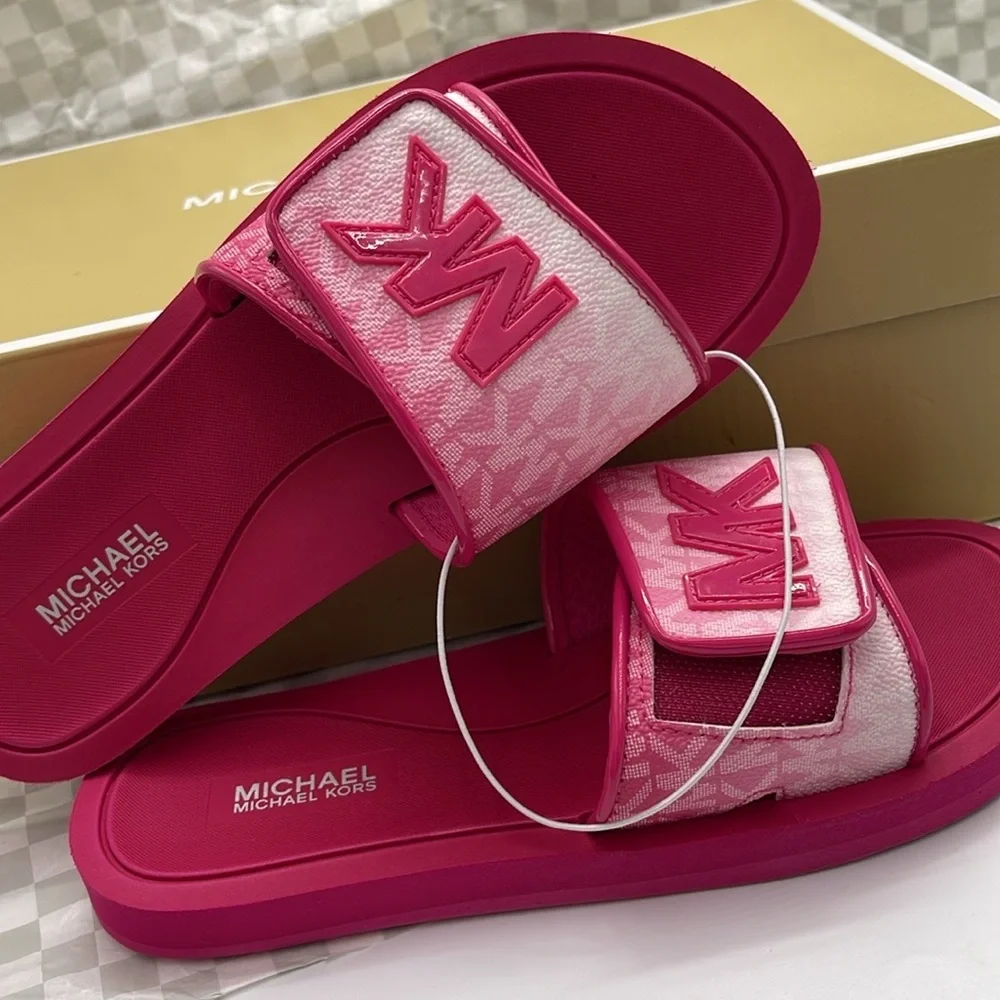 MICHAEL KORS Palmer Ombré Signature Logo Slide Sandal Dragonfruit NWT